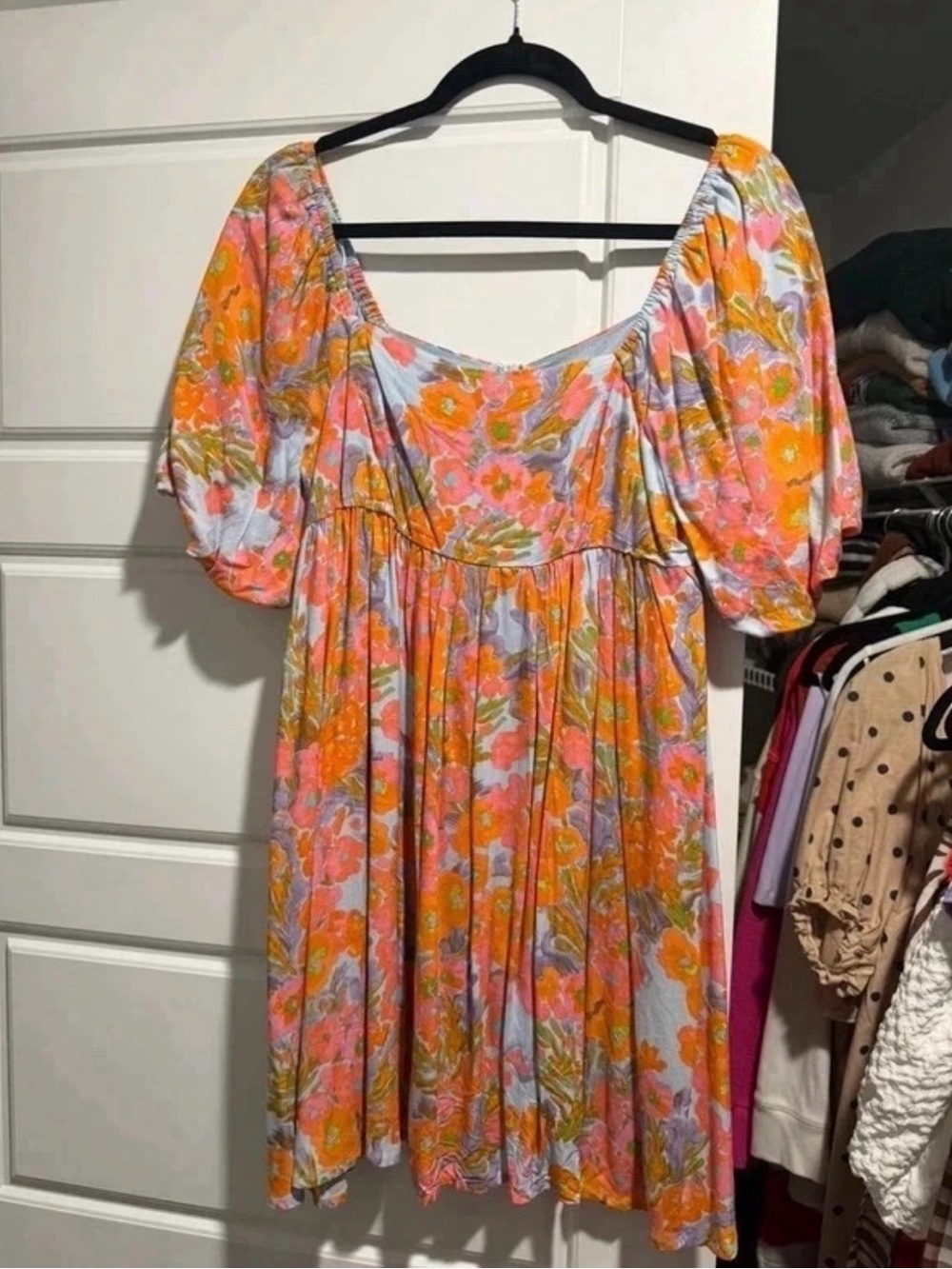 Floral Puff-Sleeve Mini Dress in Orange & Pink